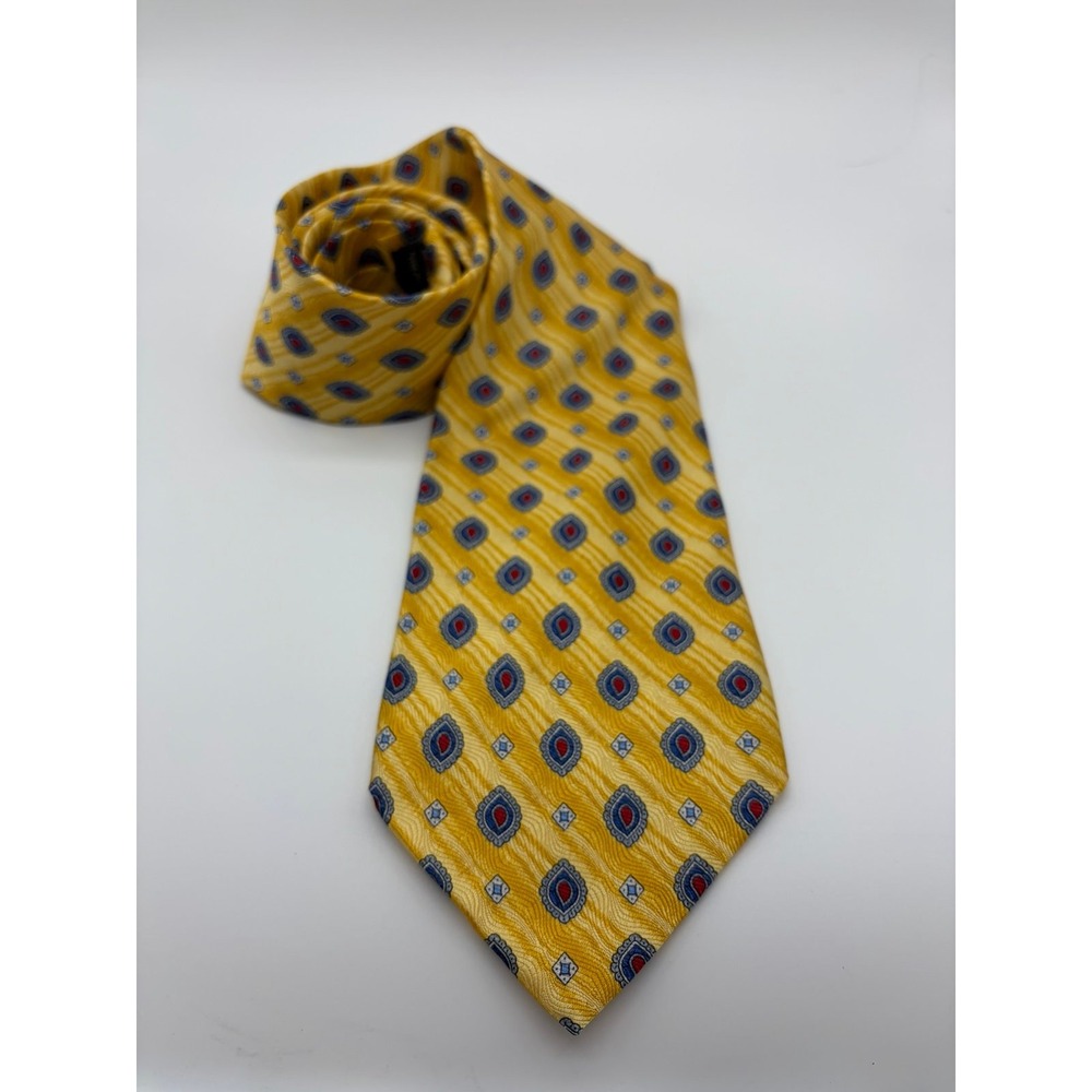 Jos. A. Bank, Yellow with Blue/Red Geometric Medallion Pattern, Silk Necktie